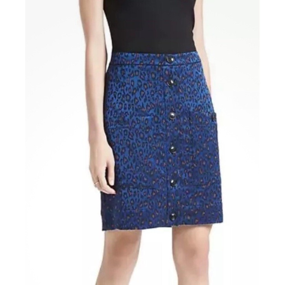 Banana Republic Womens Skirt Blue Sz 2 Leopard Mini Pencil Preppy Party Satin